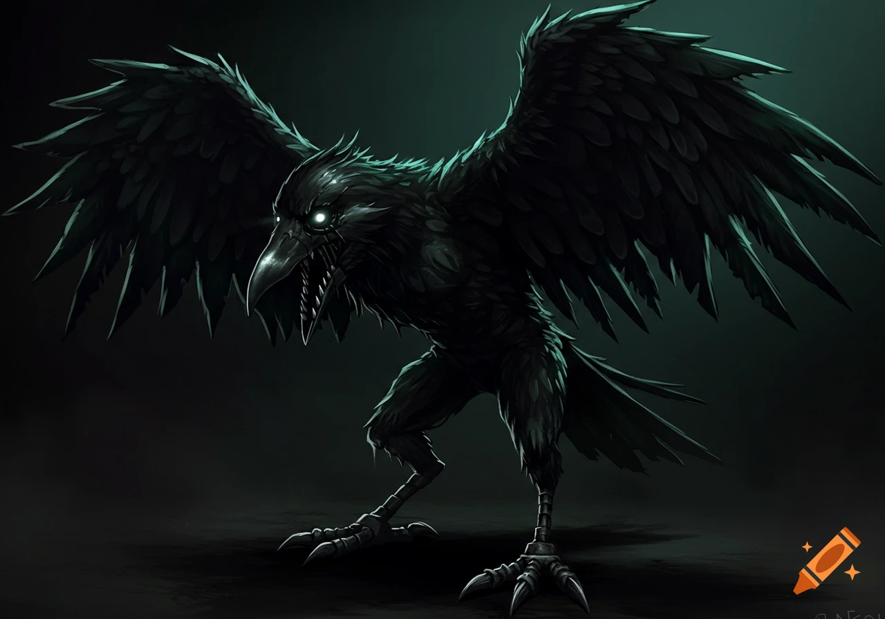 A menacing black crow animatronic with glowing white eyes, sharp teeth, and skeletal talons, in a dark digital art style.
