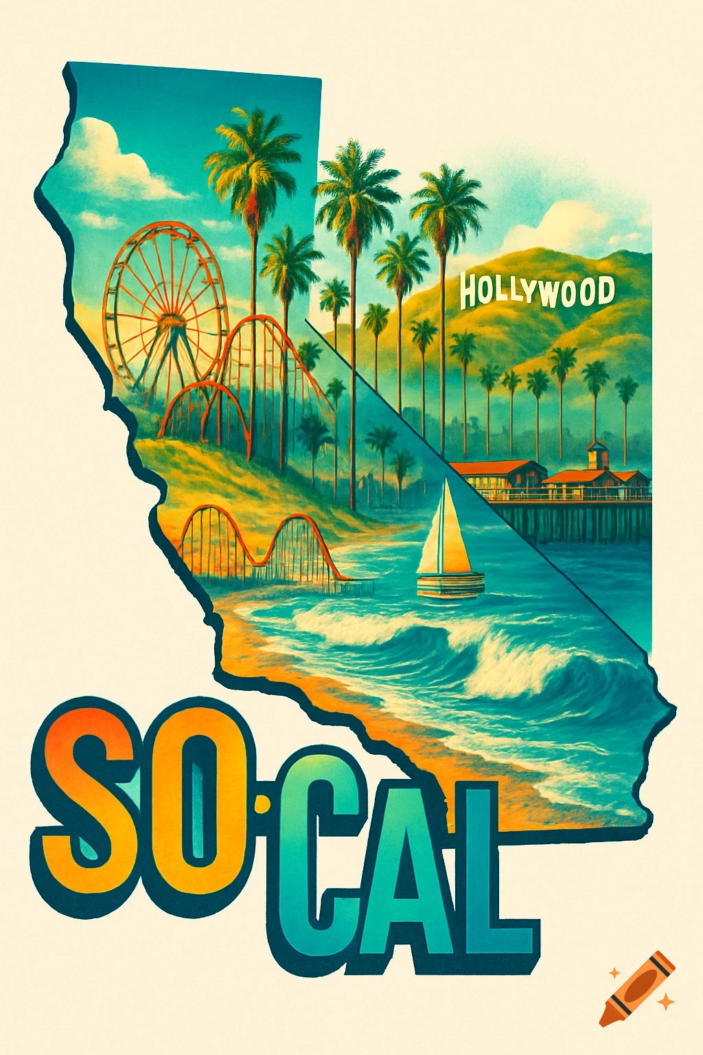 Vintage illustration of California with landmarks, a beach, and 'SO-CAL' text.