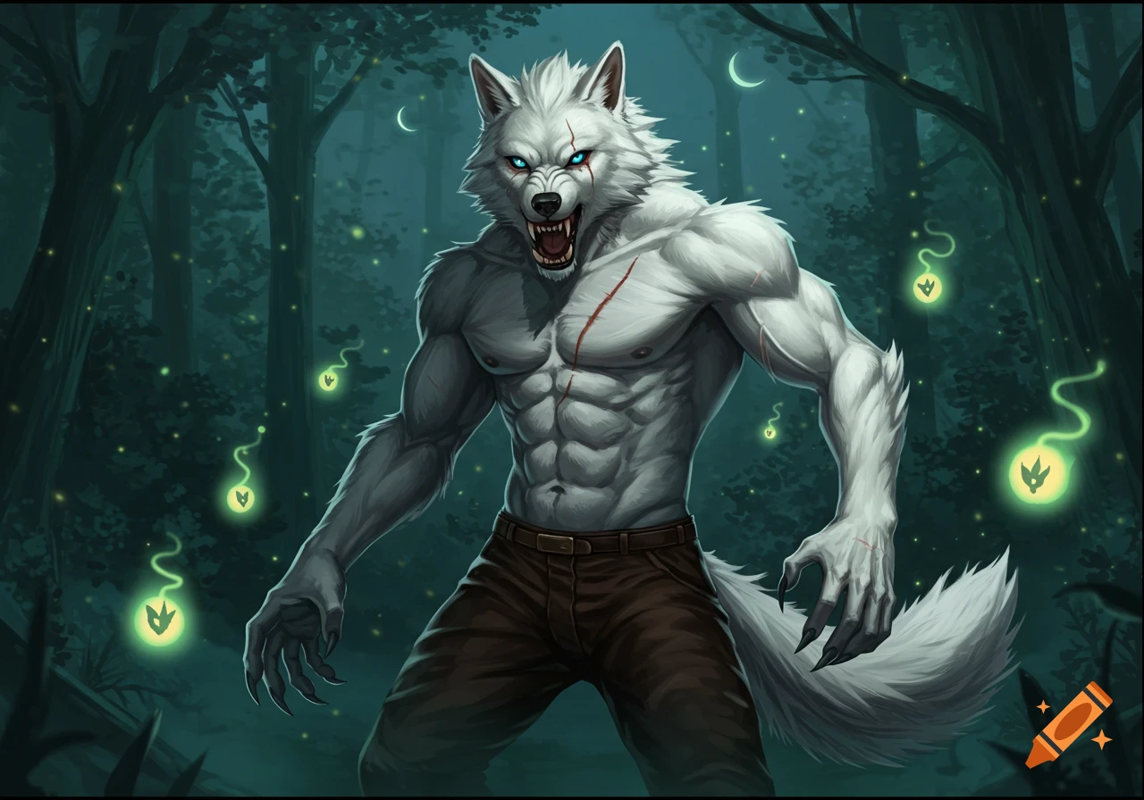A muscular white bipedal wolf man with glowing blue eyes and sharp claws stands in a dark, mystical forest with glowing fireflies.