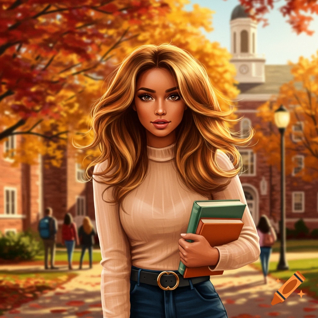 Digital illustration of a young woman with long ombre hair holding books on an autumn college campus path.