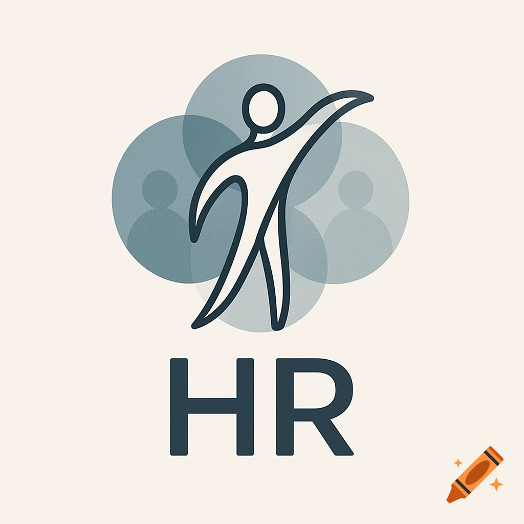 Minimalist logo of a stylized human figure with outstretched arms above "HR" text, against a light background with subtle blue-gray circles.