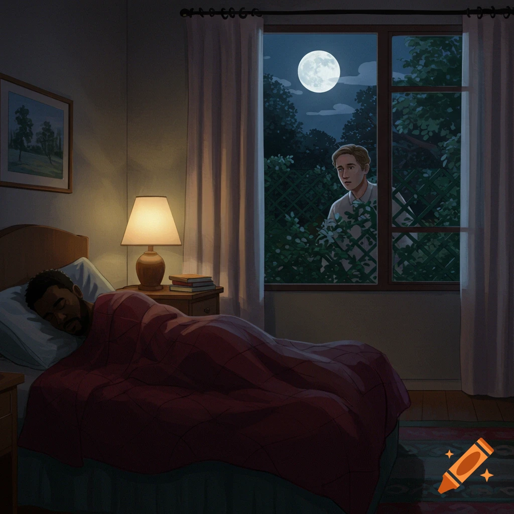A man sleeps peacefully in bed at night while another man gazes at him through the window from outside, an illustration.