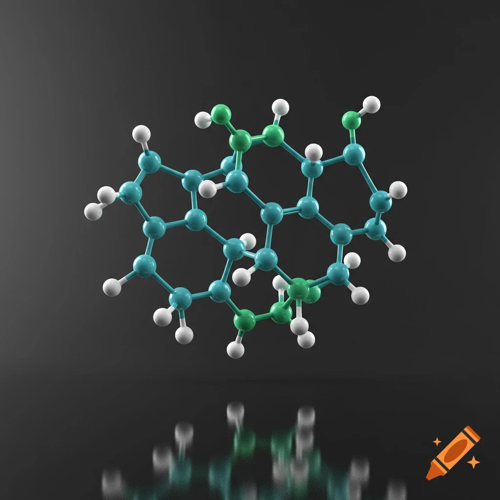 A 3D rendered molecular structure with teal and green atoms and white hydrogen atoms, reflecting on a dark surface.