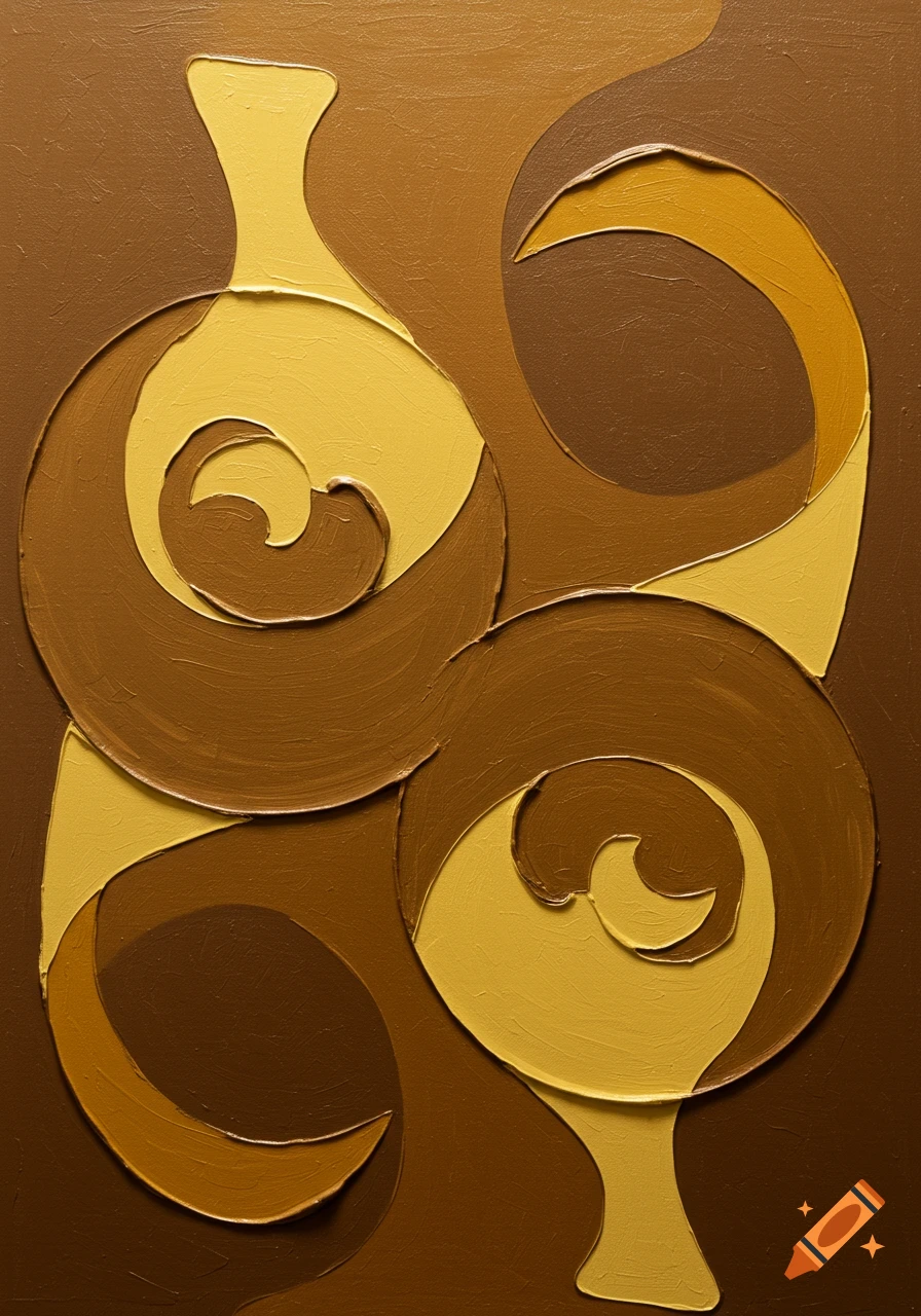 Abstract painting with swirling, organic shapes in earthy brown and pale yellow with a raised, textured relief.