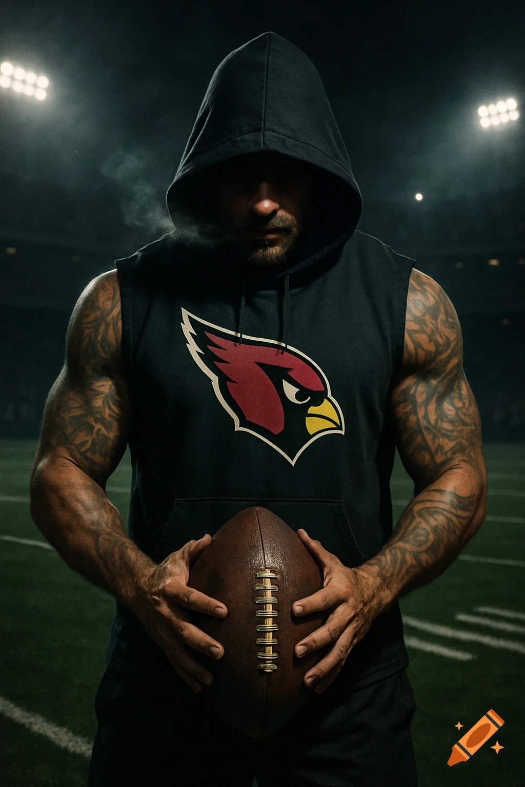 Muscular man in a hooded sleeveless shirt with a cardinal logo and tribal tattoos, holding a football on a dark field under stadium lights.