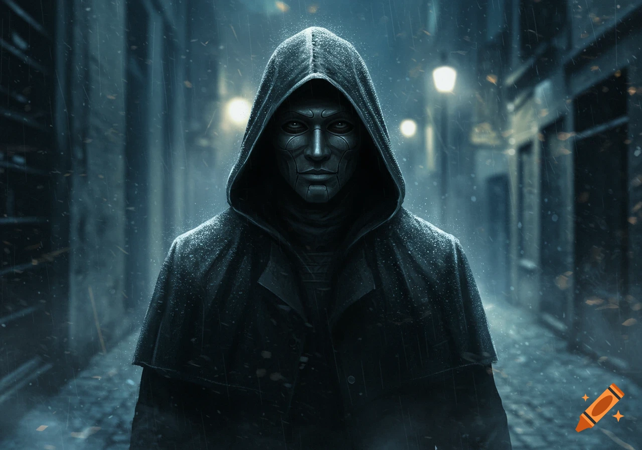A mysterious hooded figure with a dark, metallic mask stands in a rainy, dimly lit city street.