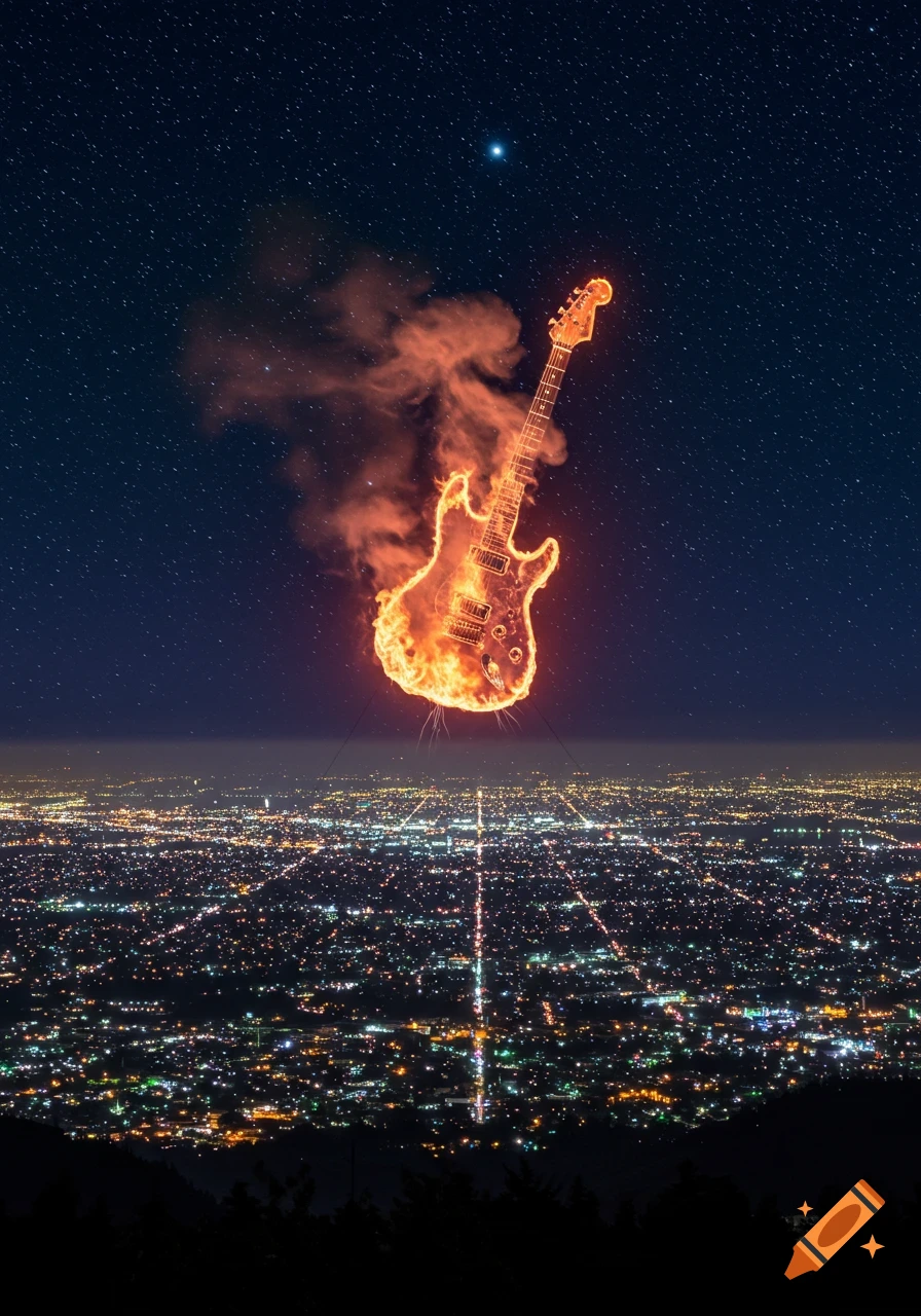Photorealistic image of a fiery electric guitar floating high above a vast, illuminated city skyline at night under a starry sky.
