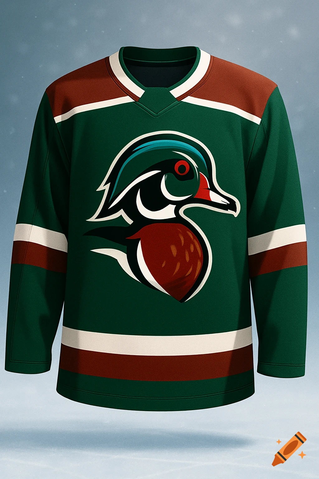 A green hockey jersey with white and brown stripes on the sleeves and bottom, featuring a stylized wood duck logo on the chest.