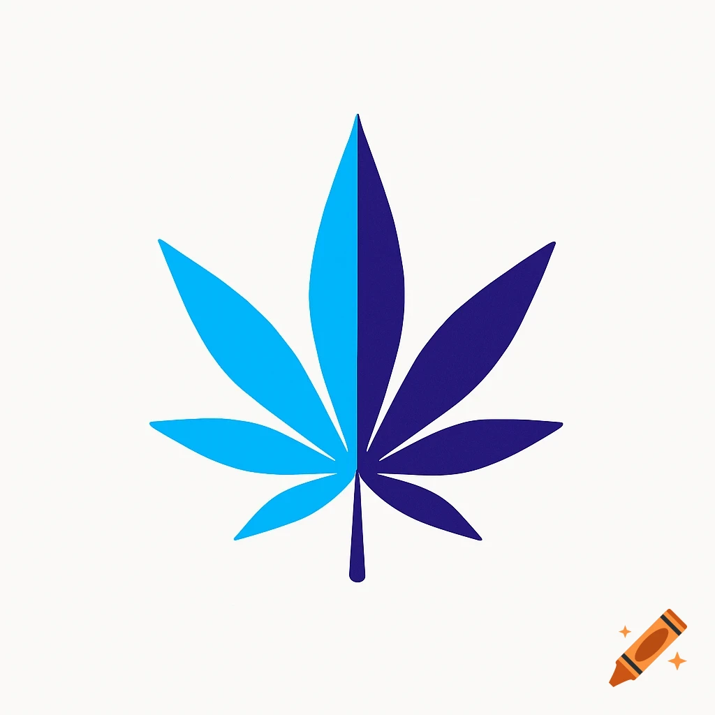 A stylized cannabis leaf logo, split into light blue and dark blue halves, on a white background.
