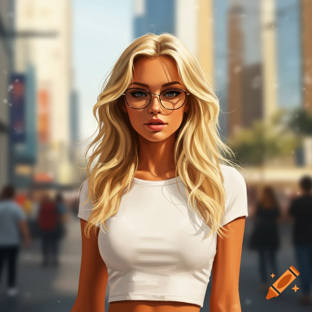 Digital art portrait of a blonde woman with glasses and a white crop top on a blurred city street.