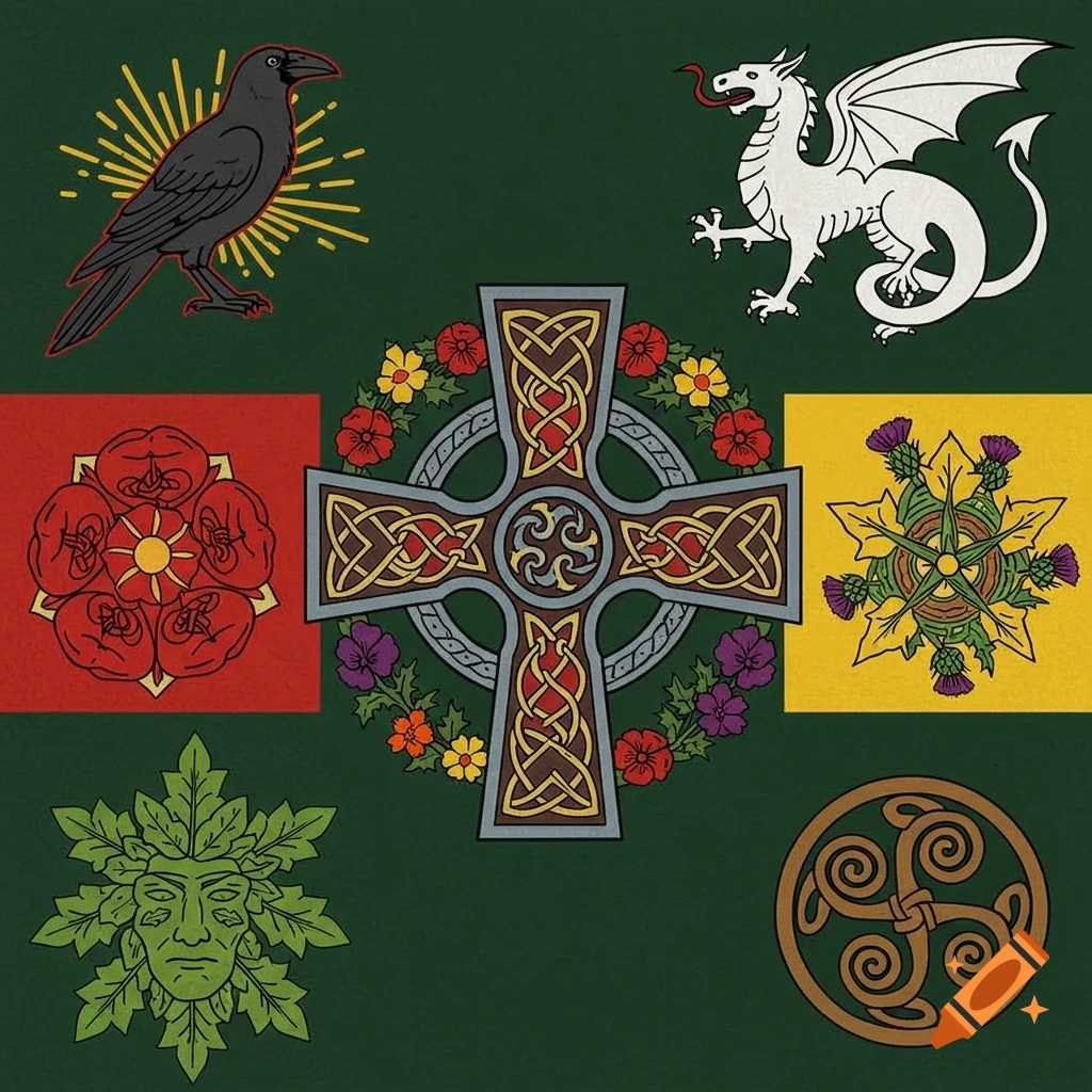A dark green flag featuring a central Celtic cross with a floral wreath, surrounded by a raven, a white dragon, a red rose, a thistle, a green leafy face (Green Man), and a triskelion.