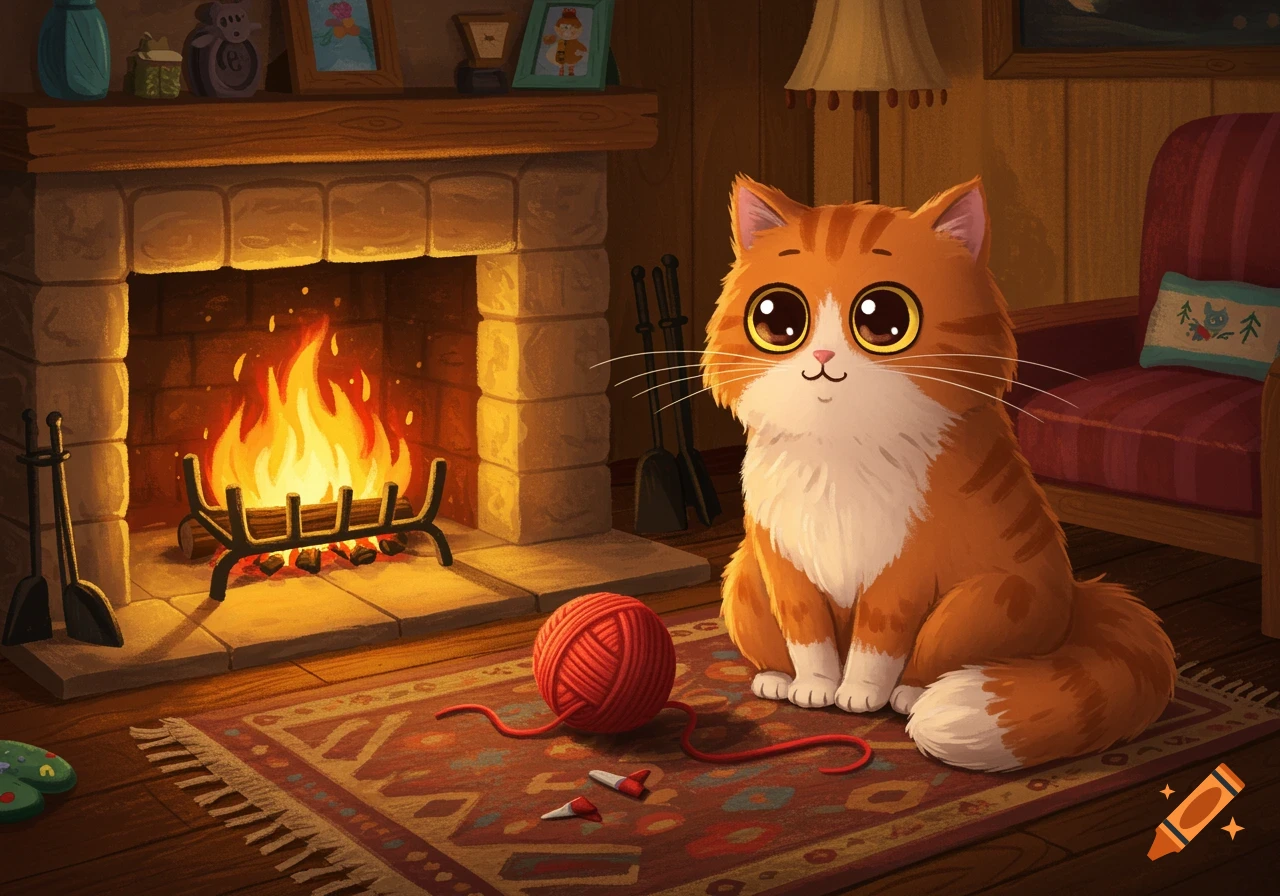 A cute orange and white cartoon cat sits in front of a warm fireplace with a ball of red yarn on a patterned rug.