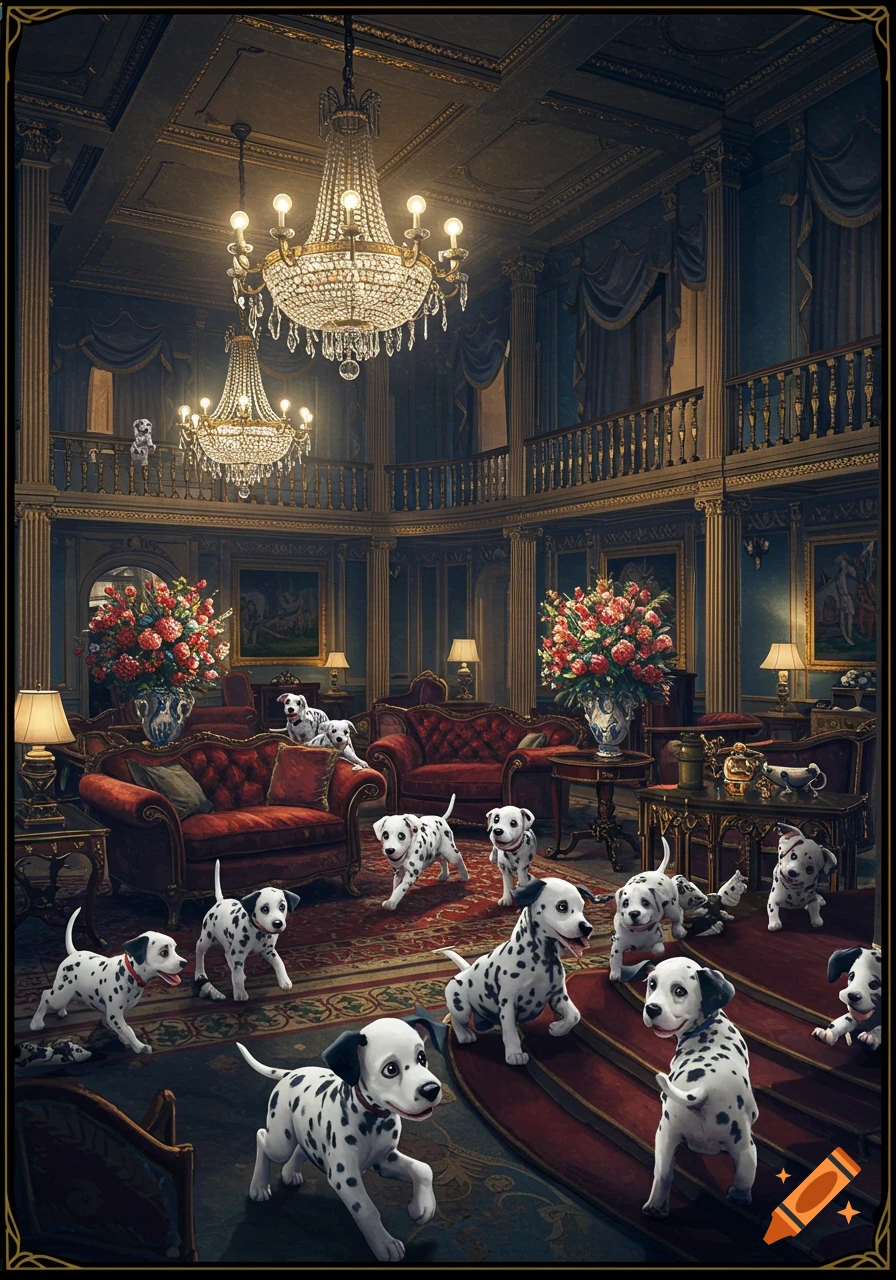 Numerous dalmatian puppies exploring a grand, opulent room with red couches, chandeliers, and elaborate decor.