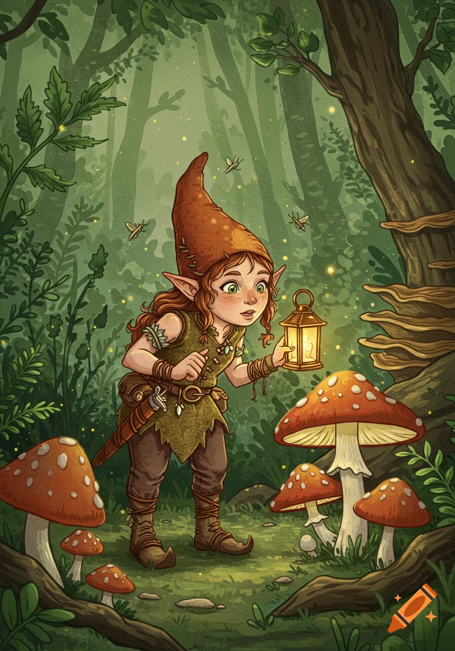 A gnome in a pointed hat holds a glowing lantern, exploring a magical forest filled with large, spotted mushrooms.