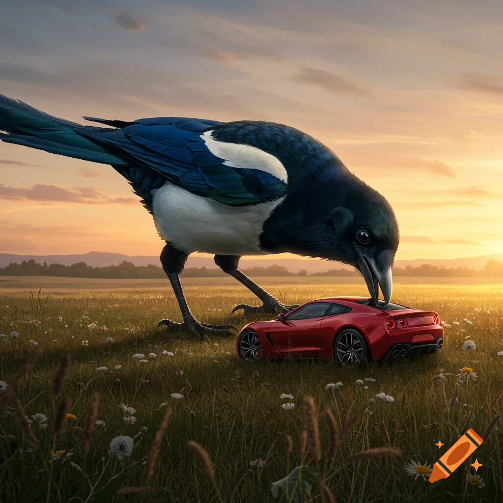 A giant magpie pecking at a small red sports car in a grassy field under a sunset sky, photorealistic style.