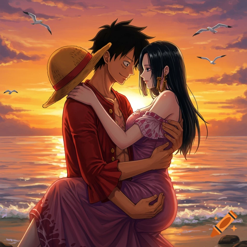 Anime characters Luffy and Hancock embrace lovingly on a beach at sunset, with seagulls flying above.