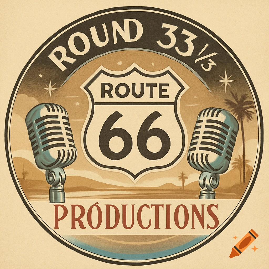 Retro-style logo with 'ROUND 33 1/3' and 'ROUTE 66 PRODUCTIONS', two microphones, palm trees, and a desert landscape.