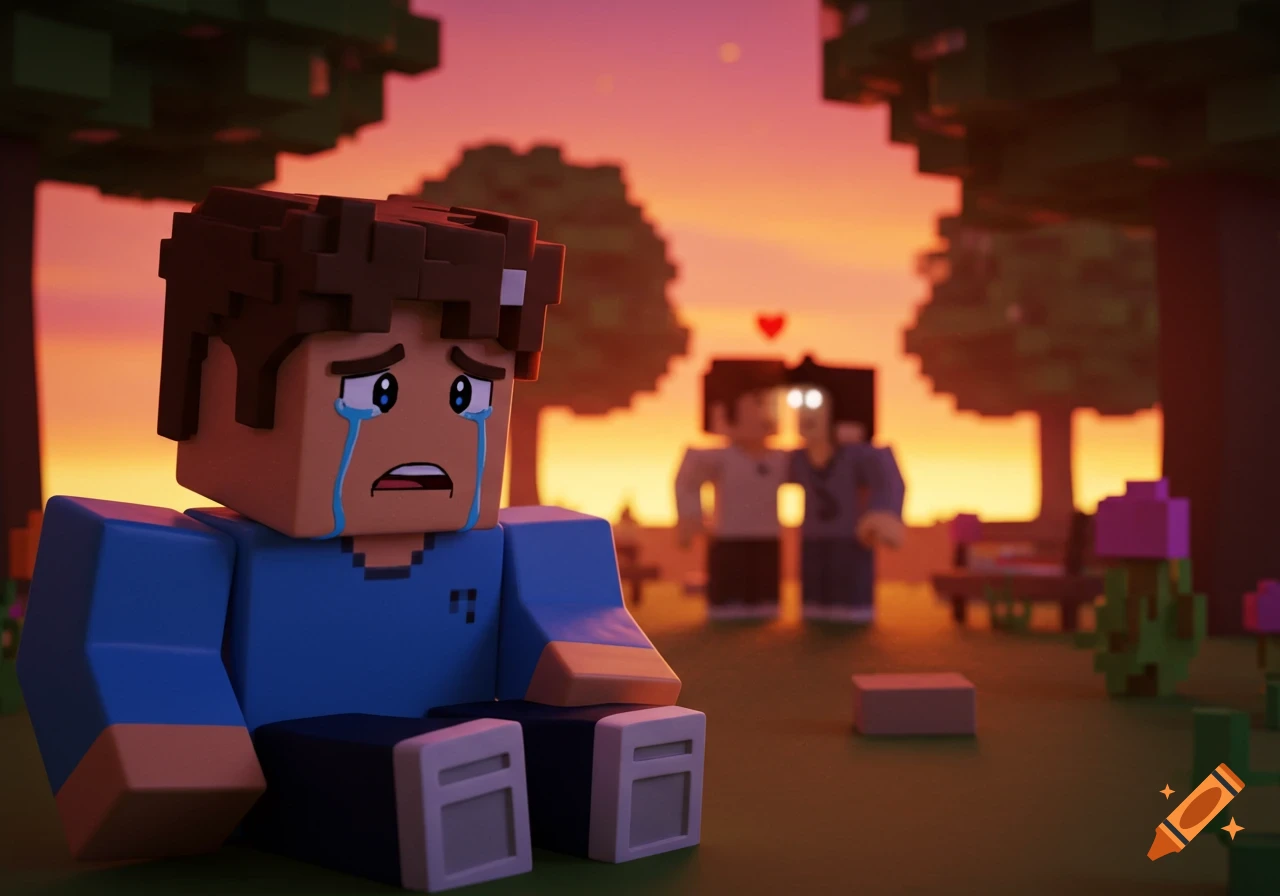 A blocky 3D animated Roblox-style boy sits crying in a park at sunset, as two other characters embrace in the blurry background.