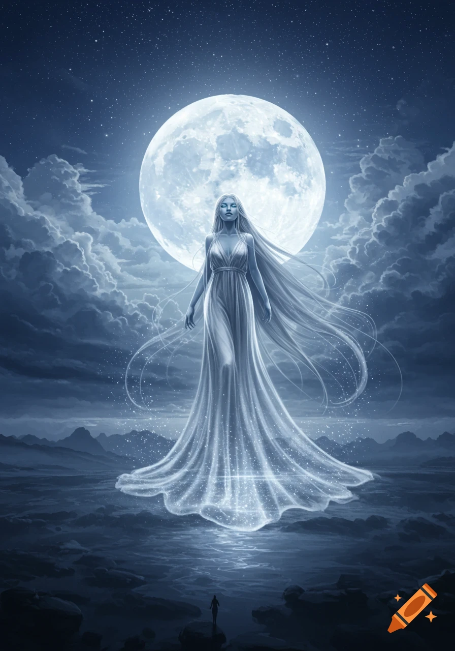 Ethereal goddess-like woman with long flowing hair and dress standing under a bright full moon in a mystical, starry night landscape.