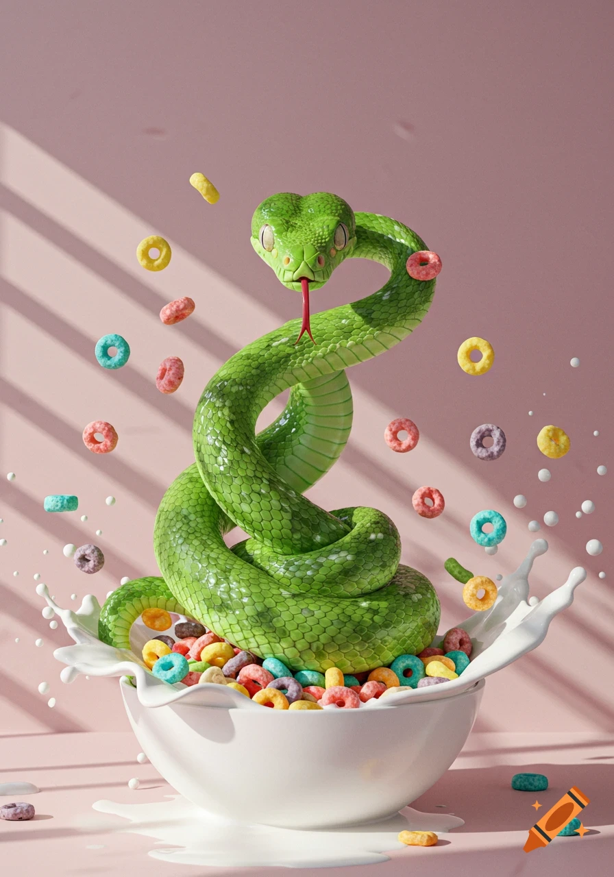 A vibrant green snake coiled in a white bowl of colorful cereal with milk splashing, floating rings on a pink background, photorealistic.