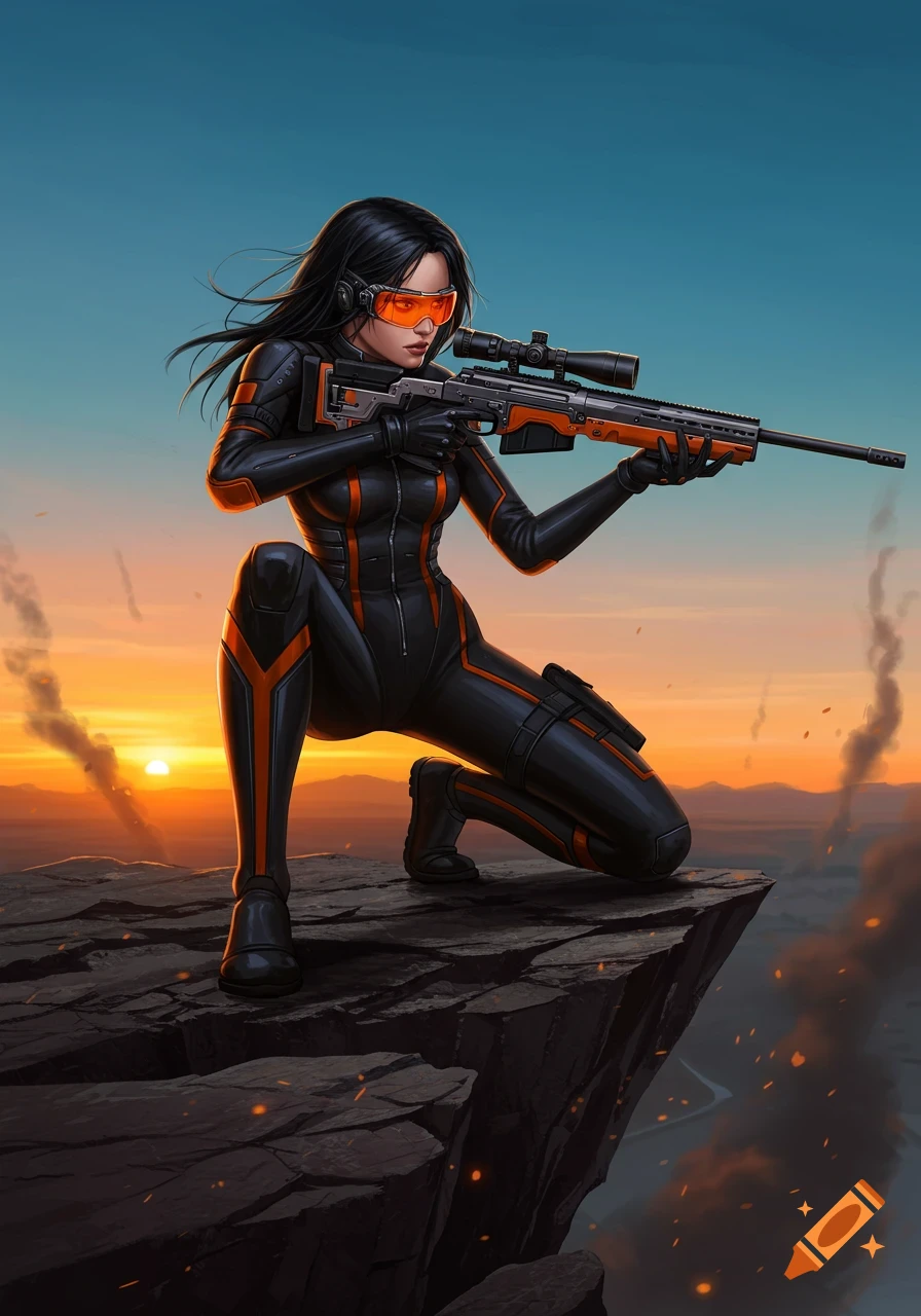 A female sharpshooter in a black and orange suit with orange goggles kneels on a cliff, aiming a sniper rifle at a smoky sunset. Digital art.