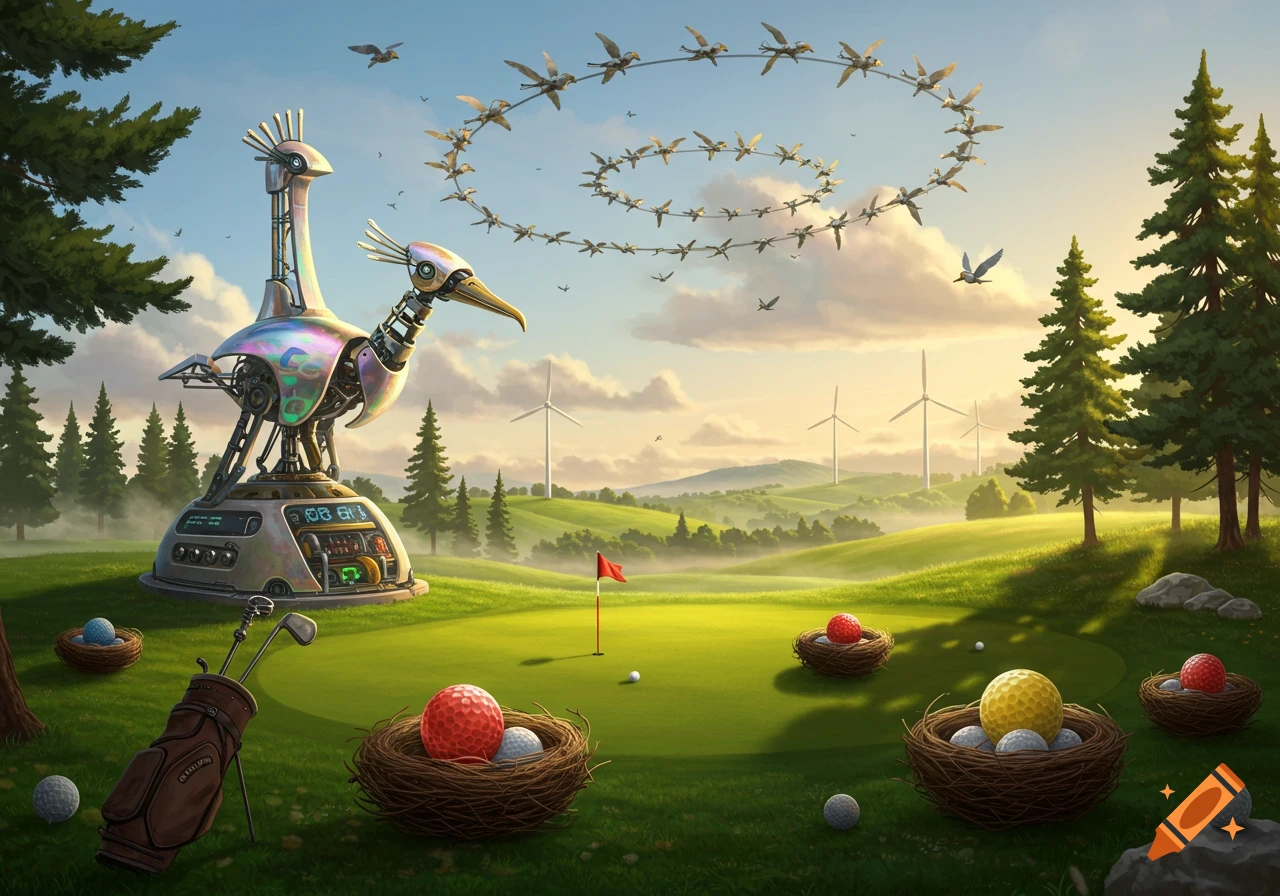 A vibrant, surreal golf course with a large iridescent robotic bird machine, golf balls in nests, and robotic birds spiraling above green hills and wind turbines.
