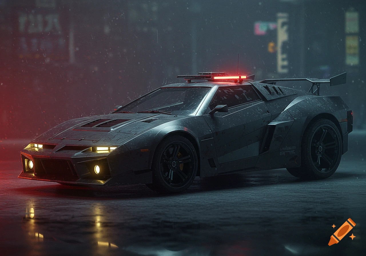 Dark, angular futuristic car with red lights on top, parked on a wet street in a rainy cyberpunk city at night.