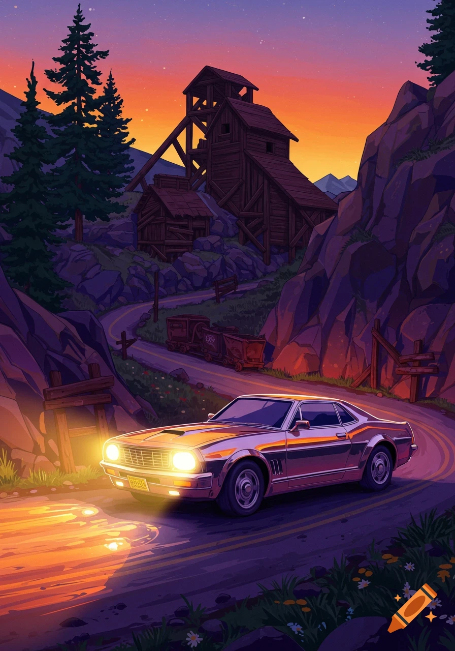 Stylized illustration of a classic car driving on a winding road past an old wooden mine structure at sunset.