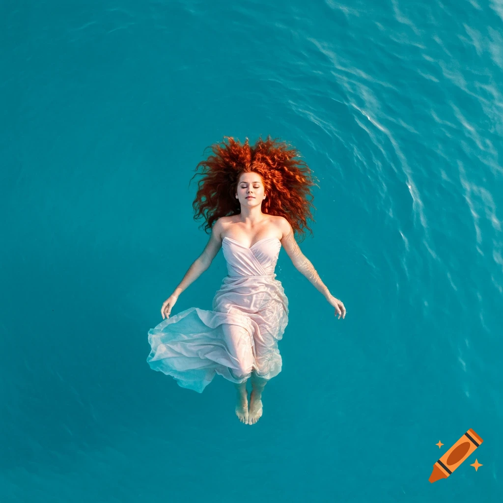 A woman with voluminous red, curly hair floats peacefully on her back in calm, clear blue water, wearing a light-colored dress.
