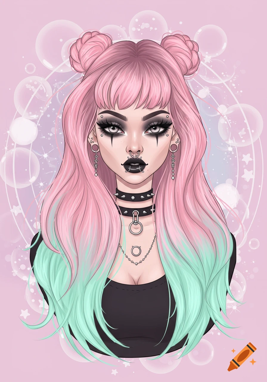 Stylized illustration of a pastel goth girl with pink and mint green hair, dark makeup, and piercings, on a bubbly background.