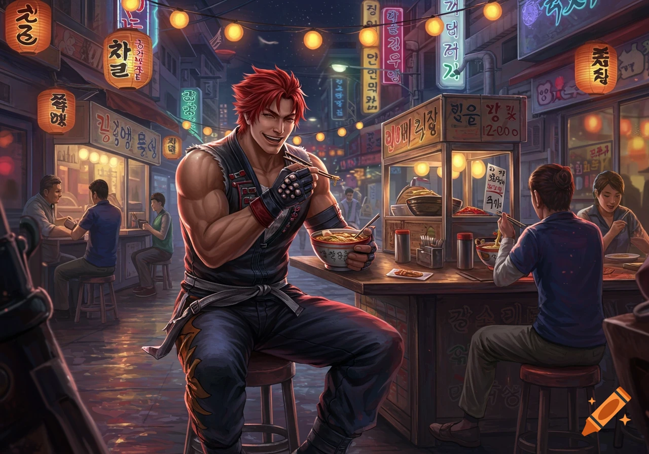 Anime-style Hwoarang happily eats ramen at a vibrant Korean street food stall at night, surrounded by diners and glowing signs.