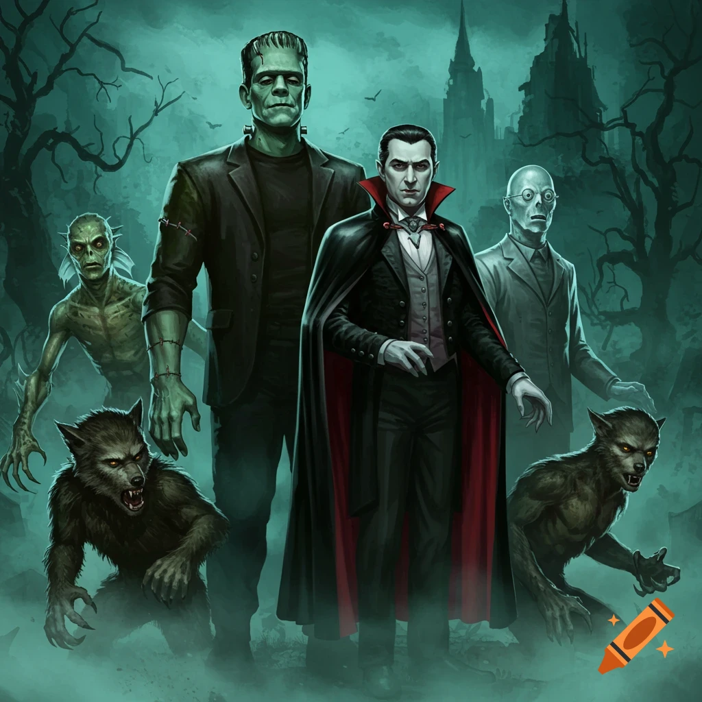 Stylized illustration of classic monsters including Frankenstein, Dracula, a Gill-man, a werewolf, and a ghoulish scientist in a misty forest.