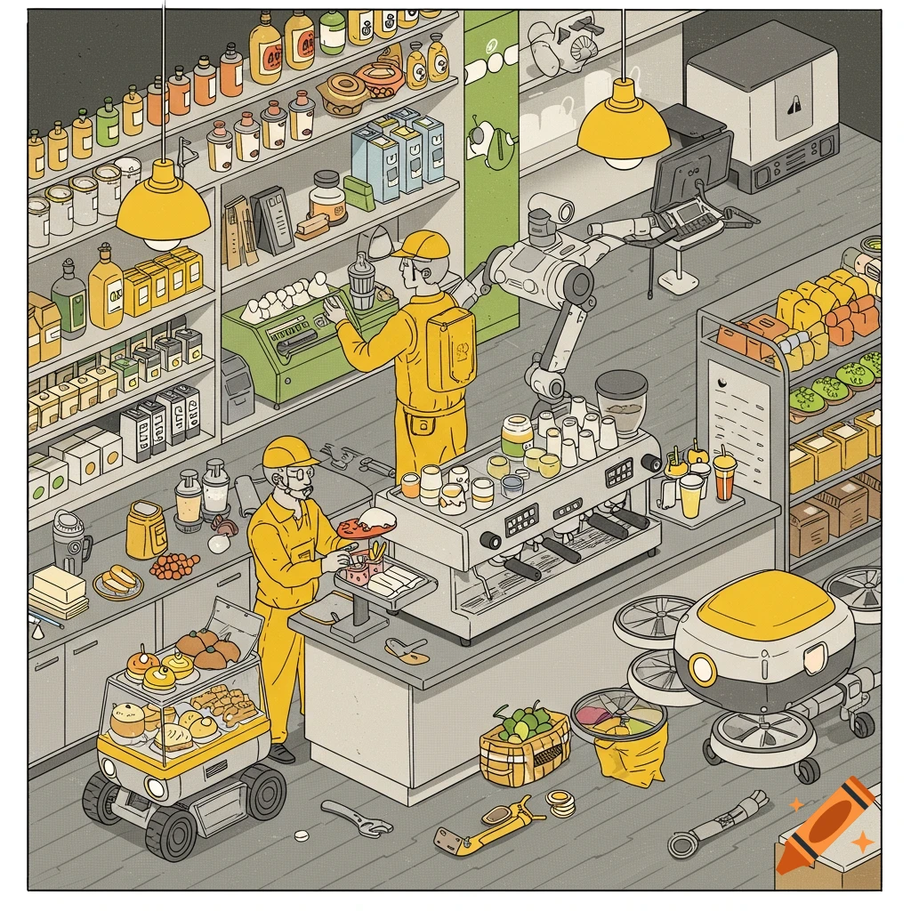 An isometric illustration of a futuristic store or office, with workers and robots handling food, drinks, and maintenance. A drone is visible on the floor.