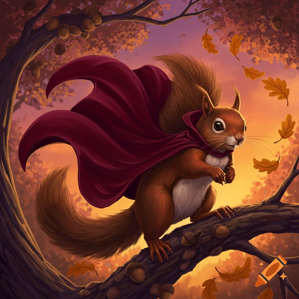 A stylized red squirrel in a flowing red cape perches on an autumn tree branch, with golden leaves falling against a sunset sky.