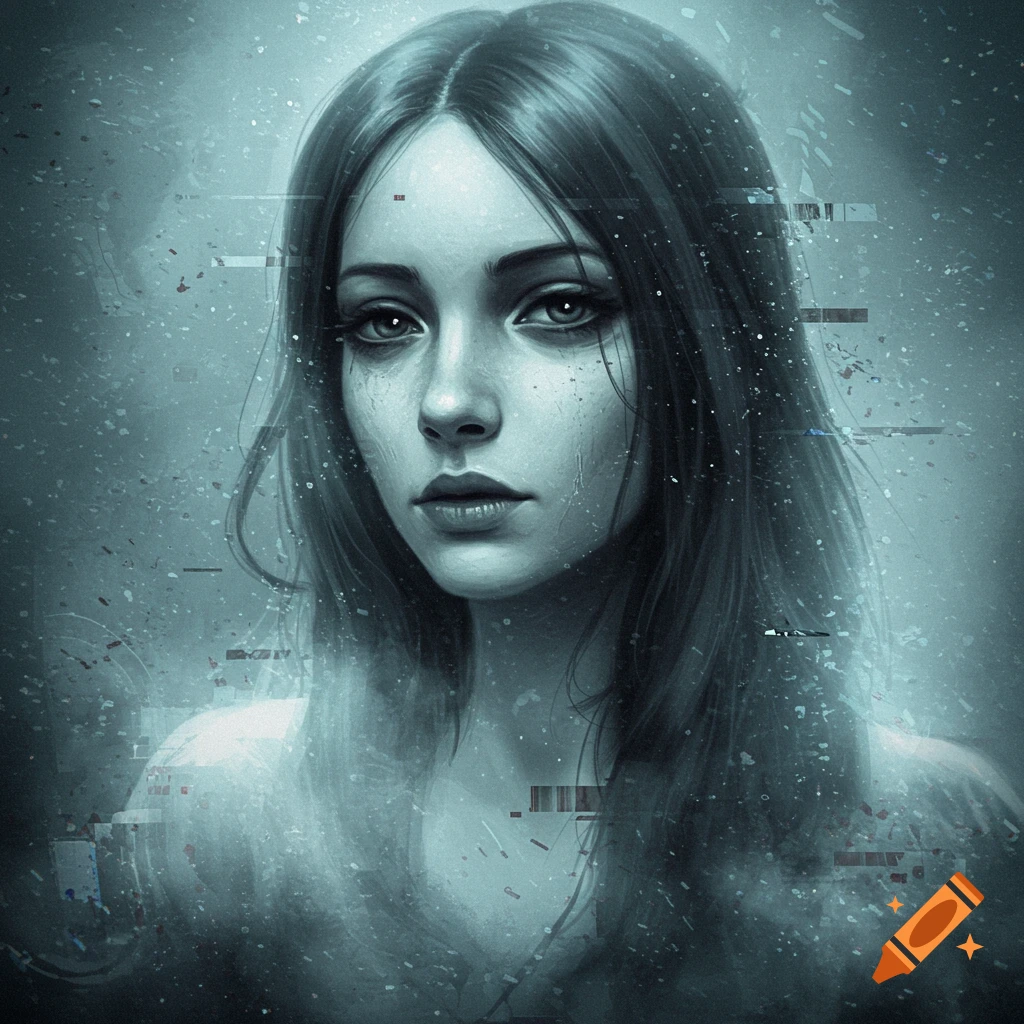 Digital art portrait of a melancholic woman with dark hair, surrounded by blue-toned glitch effects and a textured background.