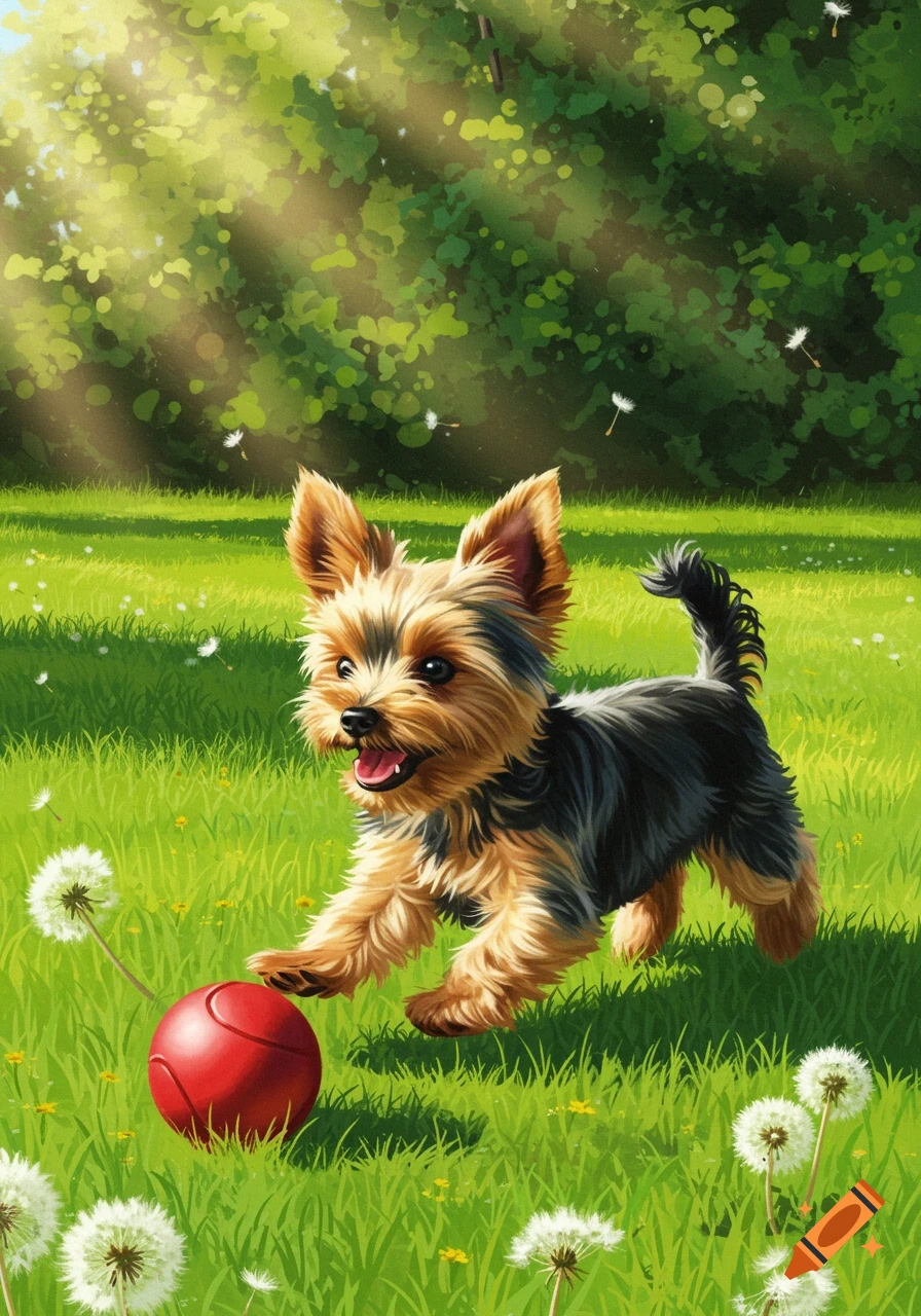 A happy Yorkshire Terrier puppy runs through a sunny green field, playing with a red ball near dandelions. Stylized art.