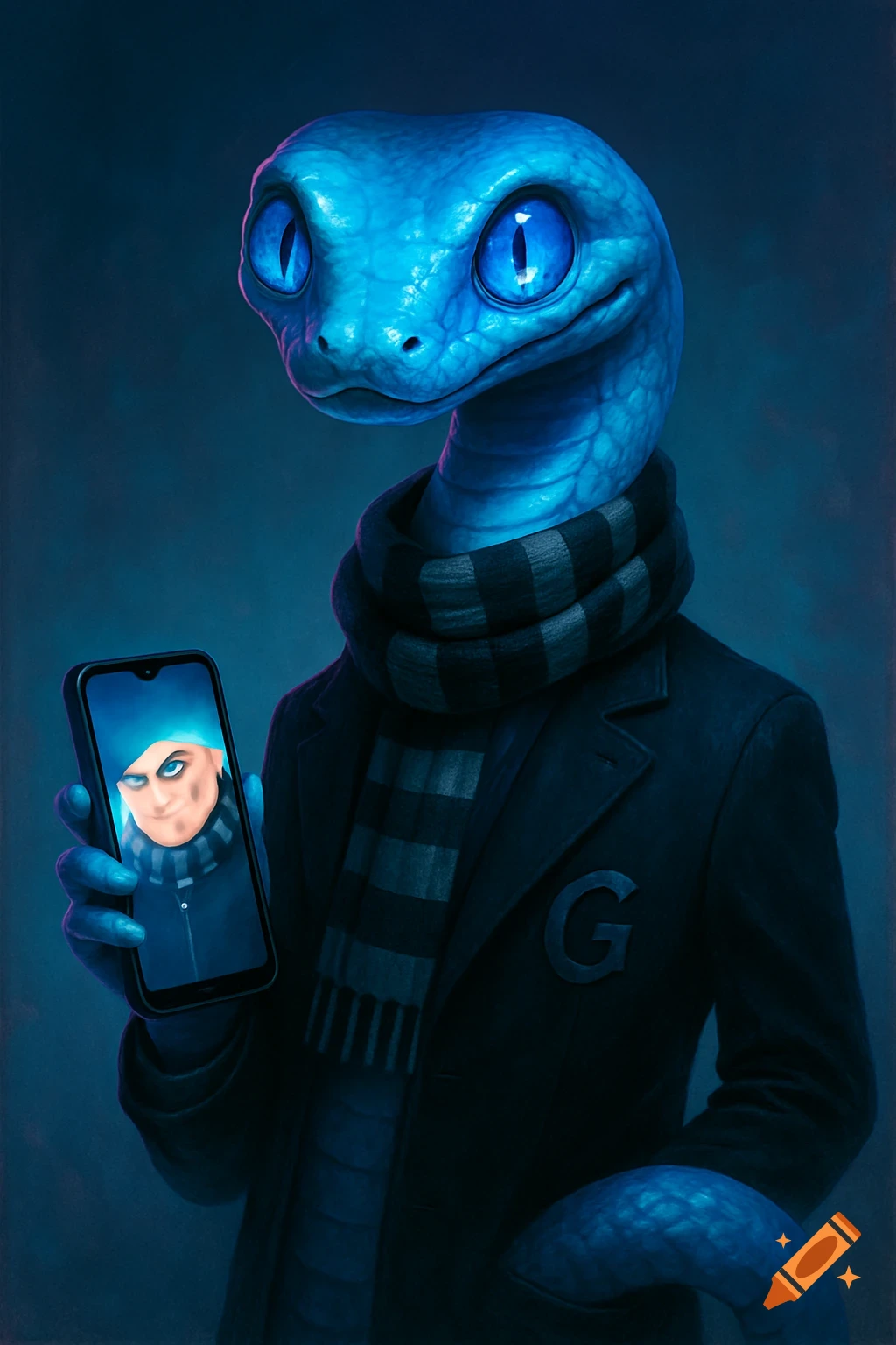 A blue snake creature with large blue eyes wears a black jacket and striped scarf, holding a phone showing Gru's face.