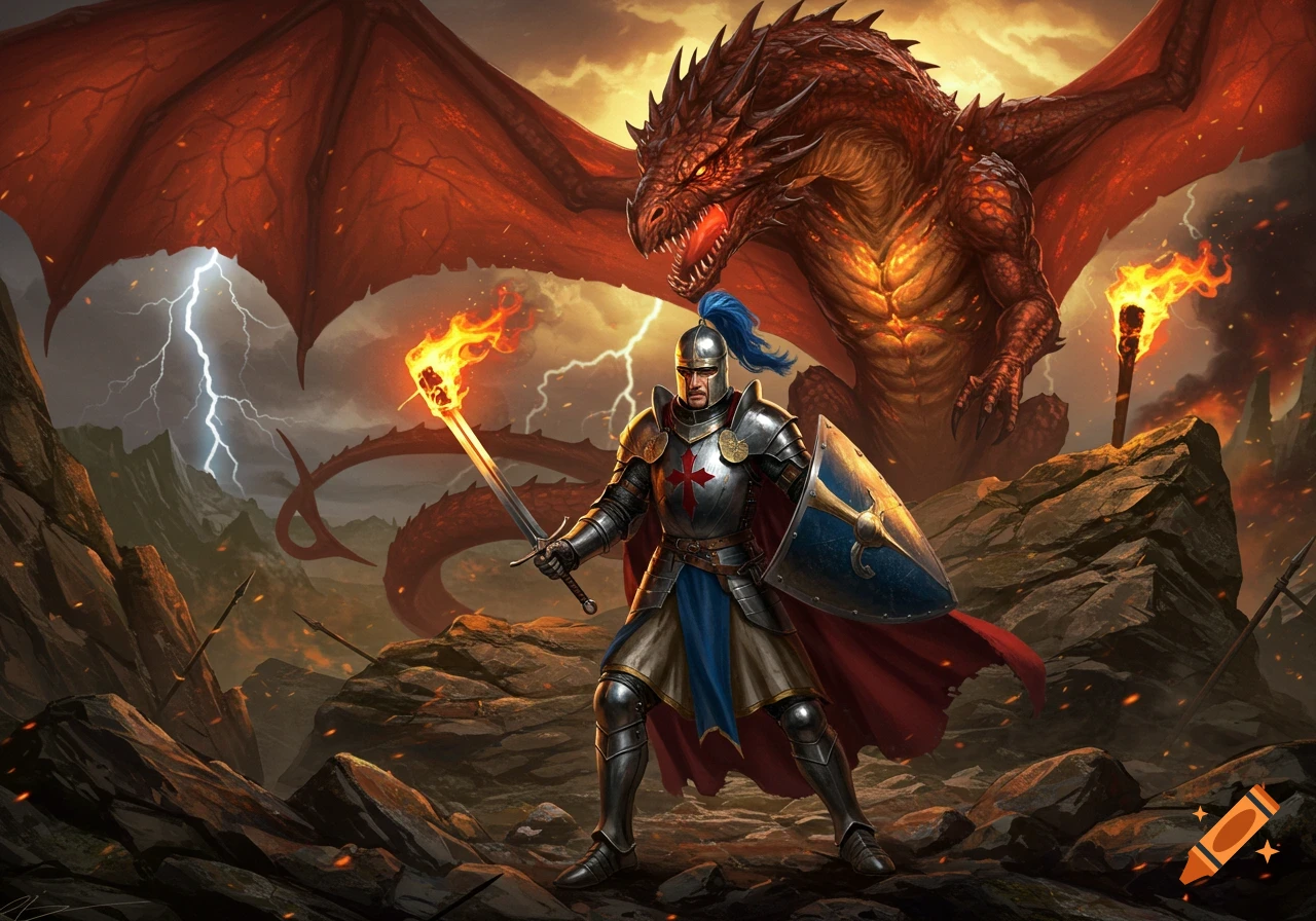 A heroic knight in shining armor with a flaming sword and shield confronts a massive red dragon amidst a lightning-filled, rocky landscape.