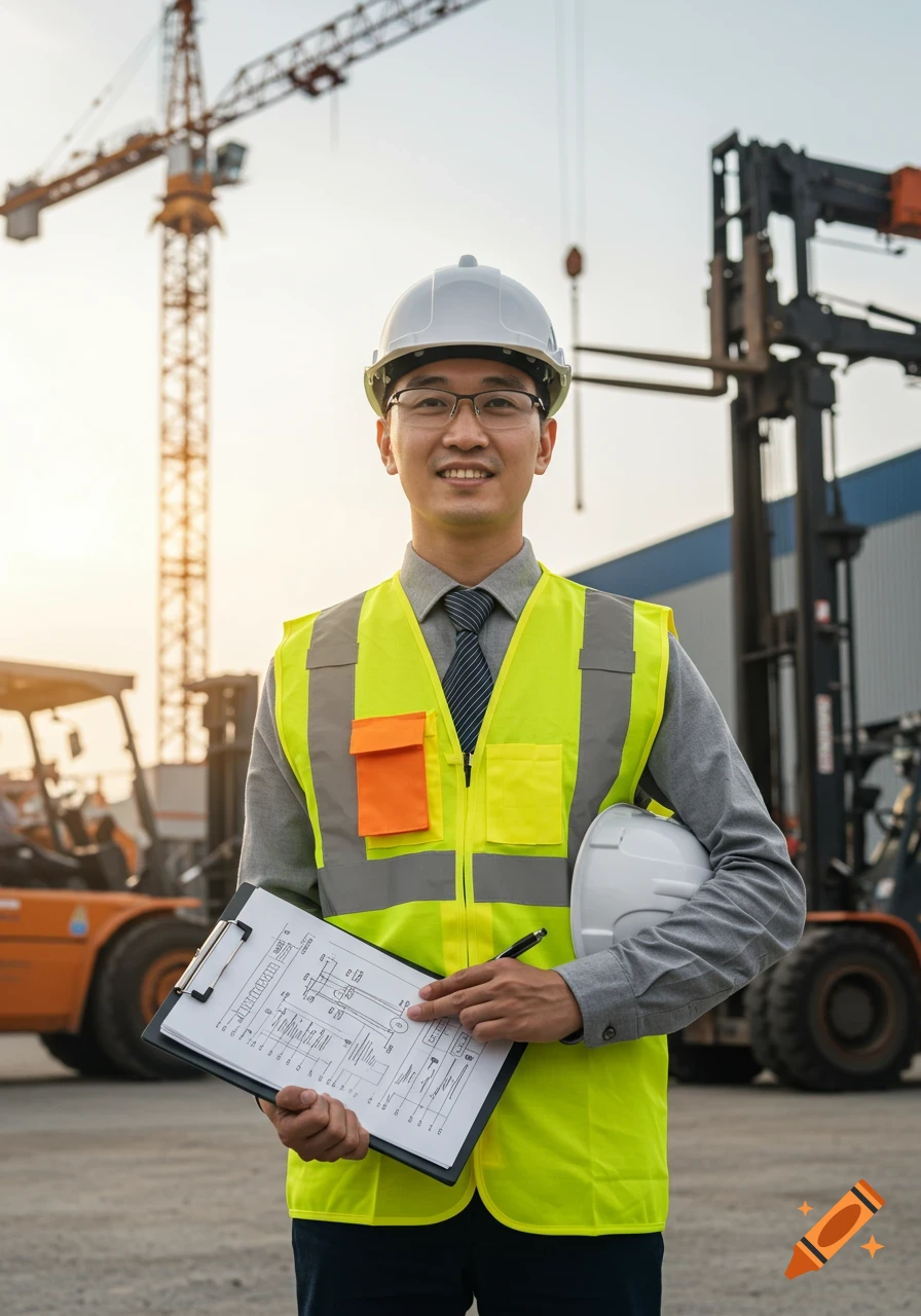Smiling Asian engineer in hard hat and hi-vis vest holds a clipboard at a construction site with cranes.