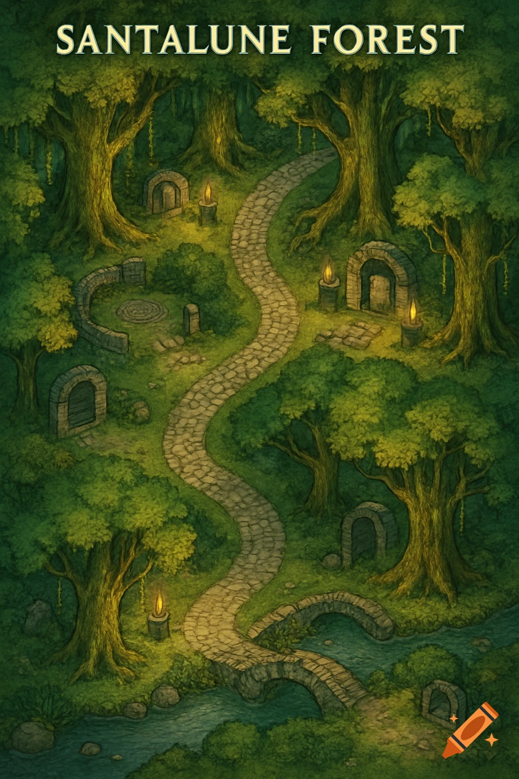 Illustrated fantasy map of Santalune Forest featuring a winding stone path, ancient structures, a river, and dense trees.