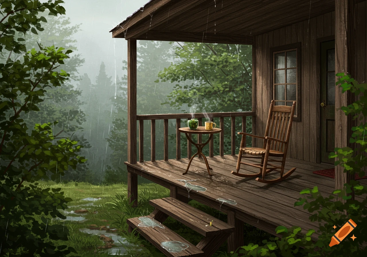 A digital painting of a cozy wooden porch in a secluded forest with rain falling, featuring a rocking chair and a table with steaming cups.