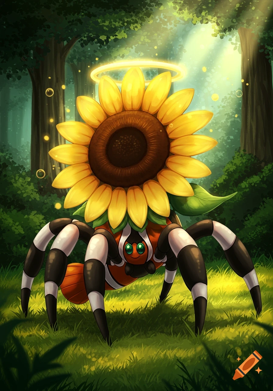 A cute, stylized creature resembling a spider with a sunflower on its back and a halo, standing in a sunny forest.