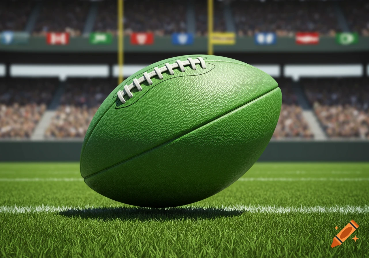A vibrant green American football on a grassy field with a blurred stadium in the background, photorealistic style.