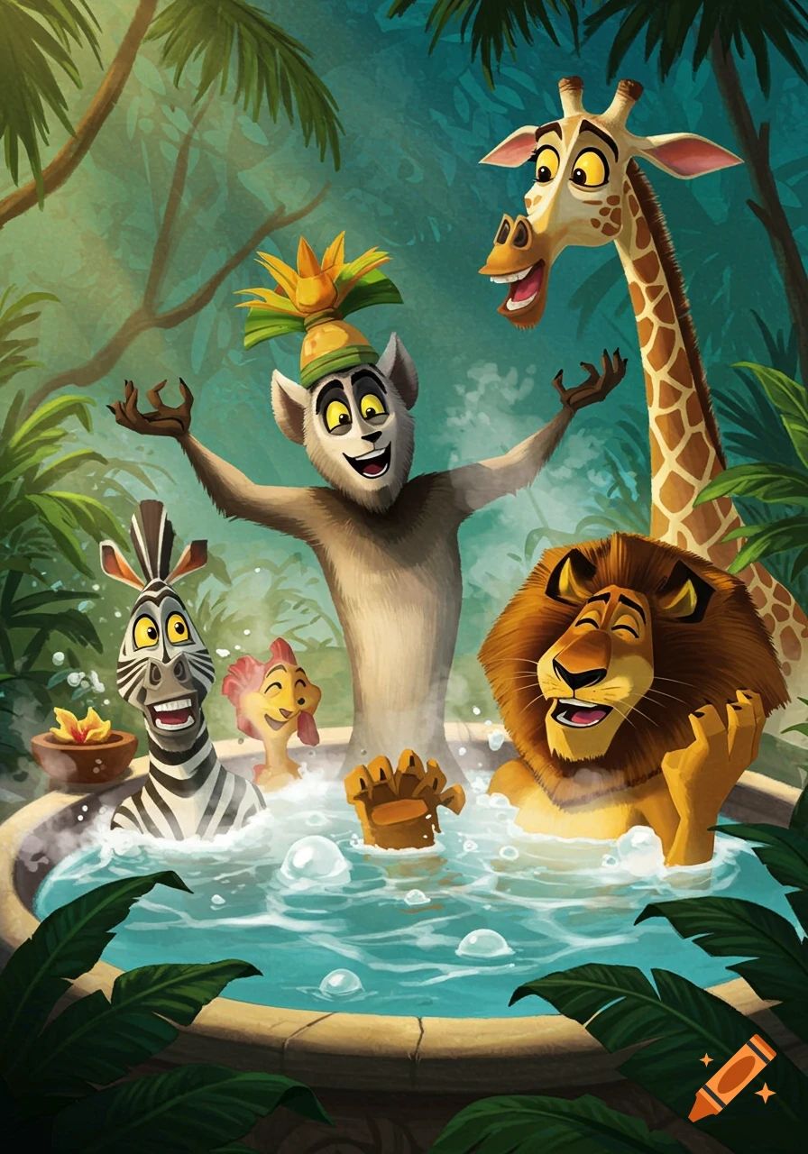 King Julien, Alex, Marty, and Melman from Madagascar happily relax in a bubbly hot tub in a lush jungle.