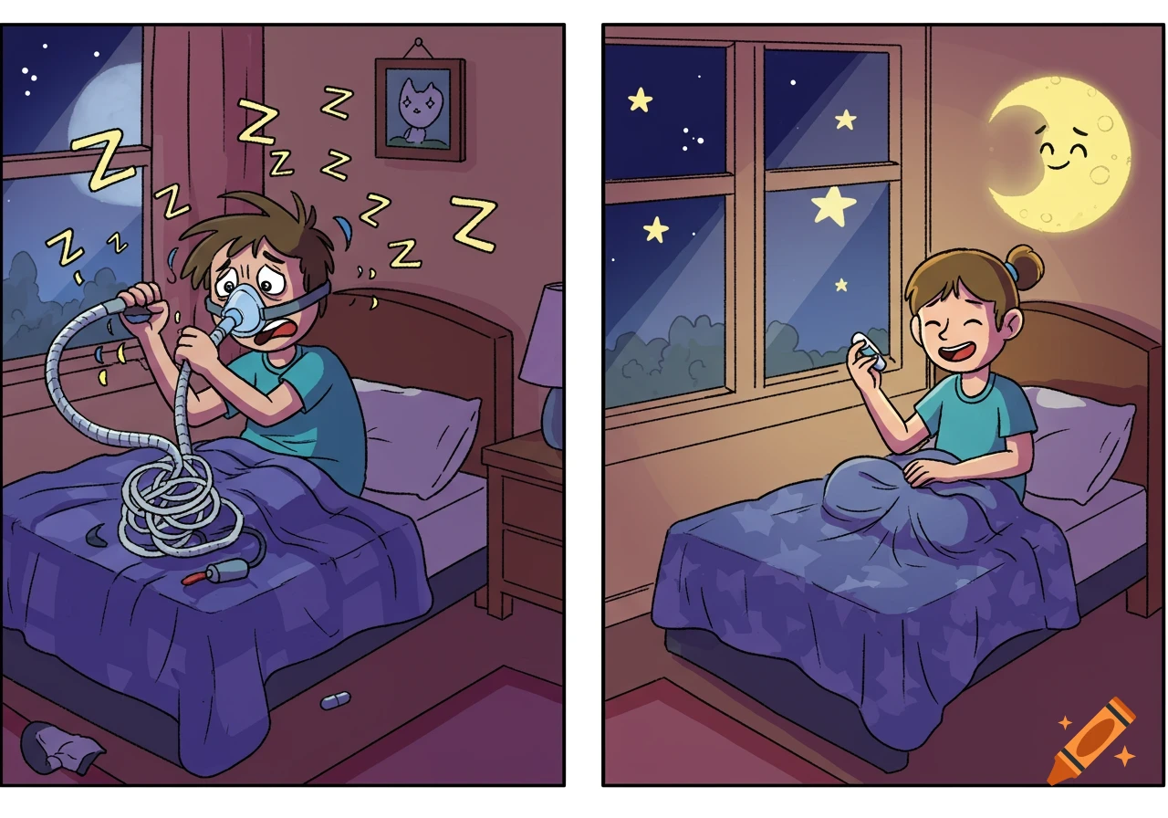 Cartoon of a boy struggling with a CPAP machine in bed and a girl happily taking a pill in bed.