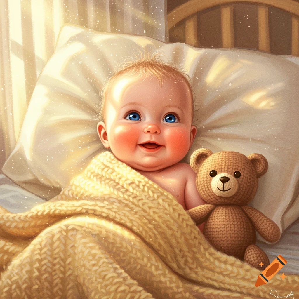 A smiling baby with blue eyes and rosy cheeks lies in a bed, wrapped in a yellow knitted blanket next to a teddy bear, bathed in warm light.