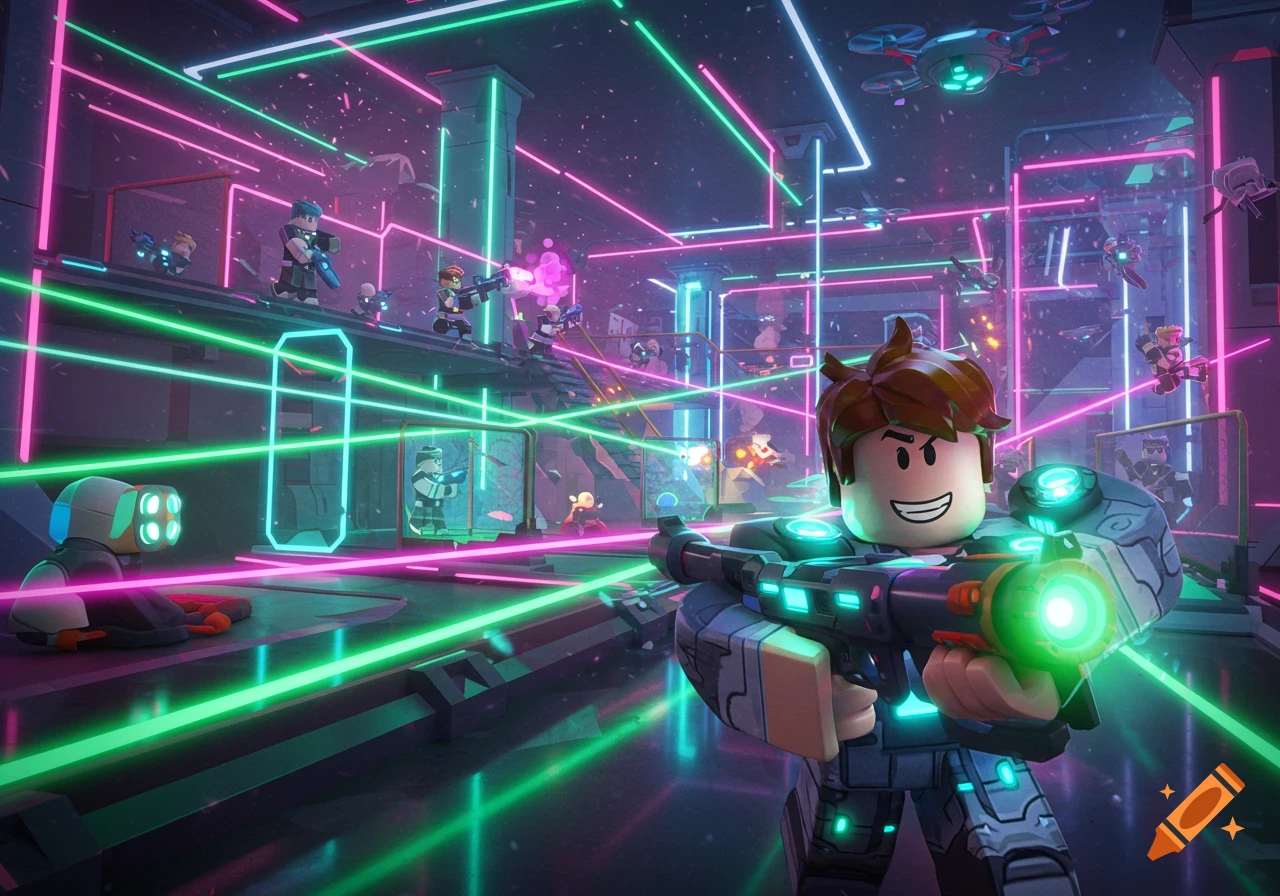 Roblox-style characters in a vibrant, futuristic laser tag arena with neon pink and green lasers and flying drones.