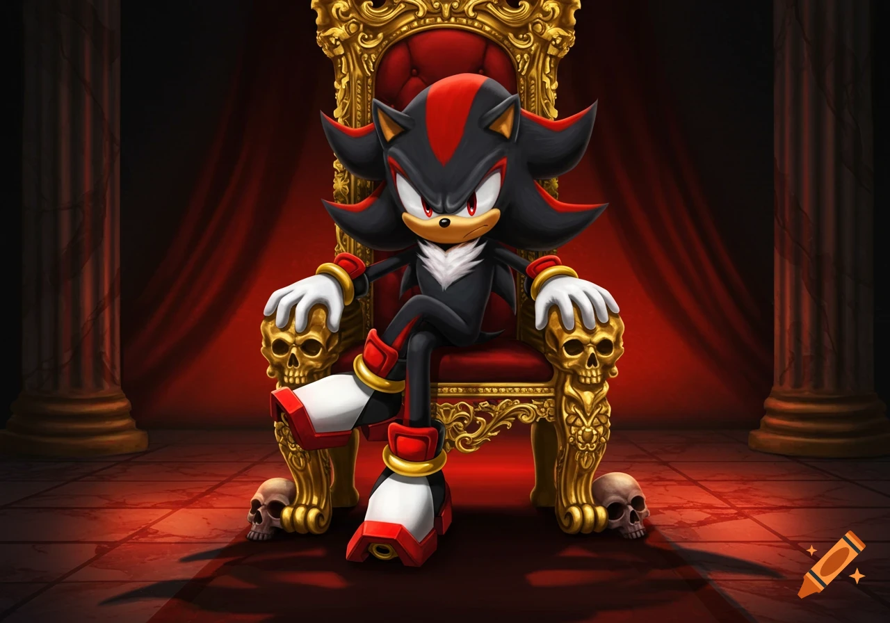 Shadow the Hedgehog with red eyes sits menacingly on a golden, skull-adorned throne, against a red curtain background. Stylized illustration.