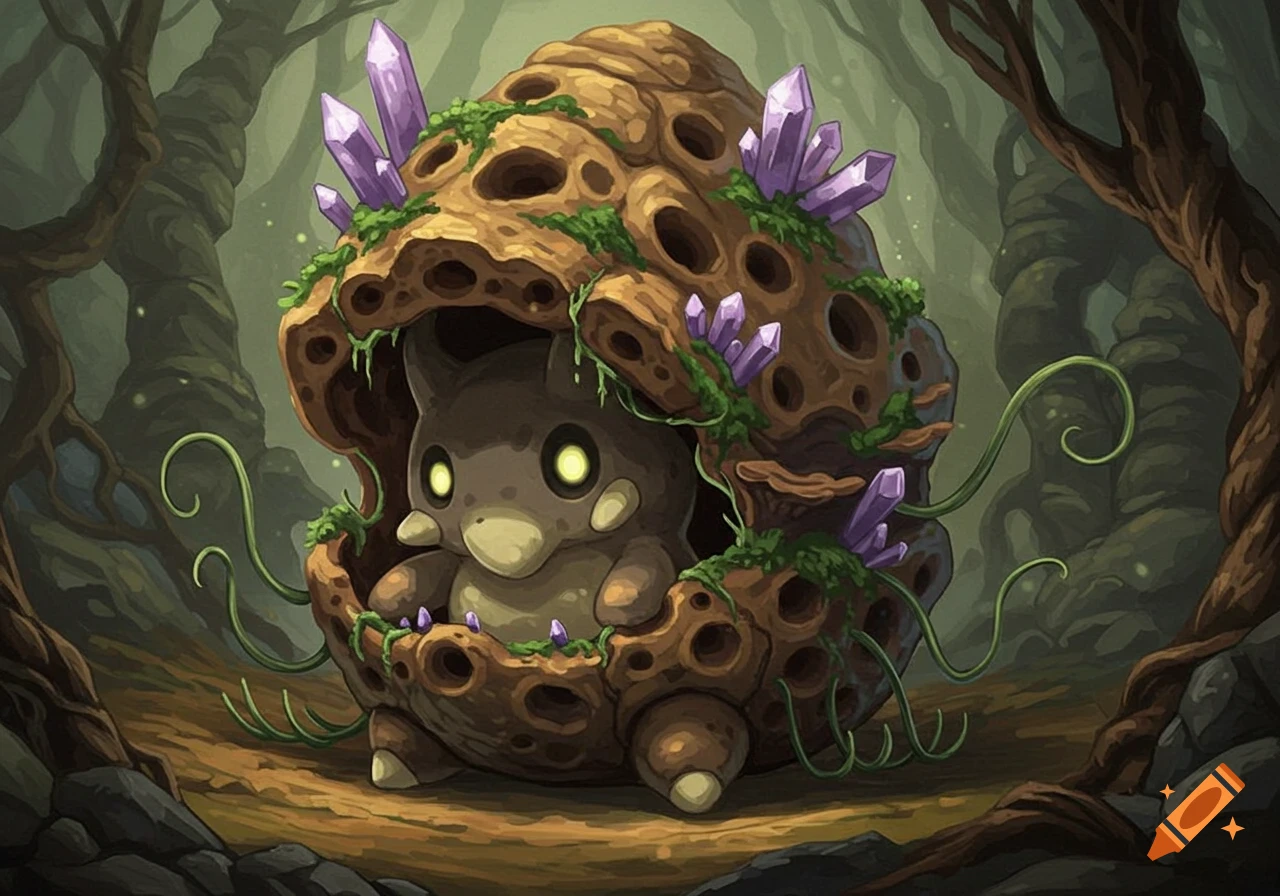 A cute, dark creature with glowing eyes peers from a large, porous shell adorned with moss and purple crystals in a dark fantasy forest.