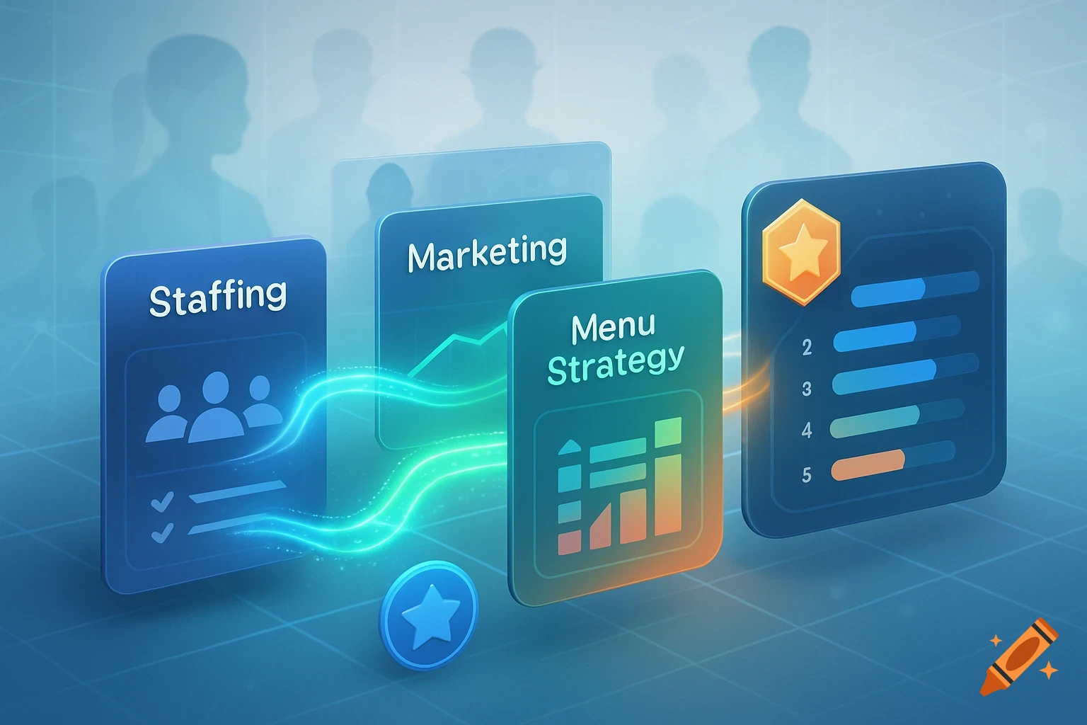 Stylized business infographic showing floating cards for Staffing, Marketing, and Menu Strategy, connected by glowing lines.